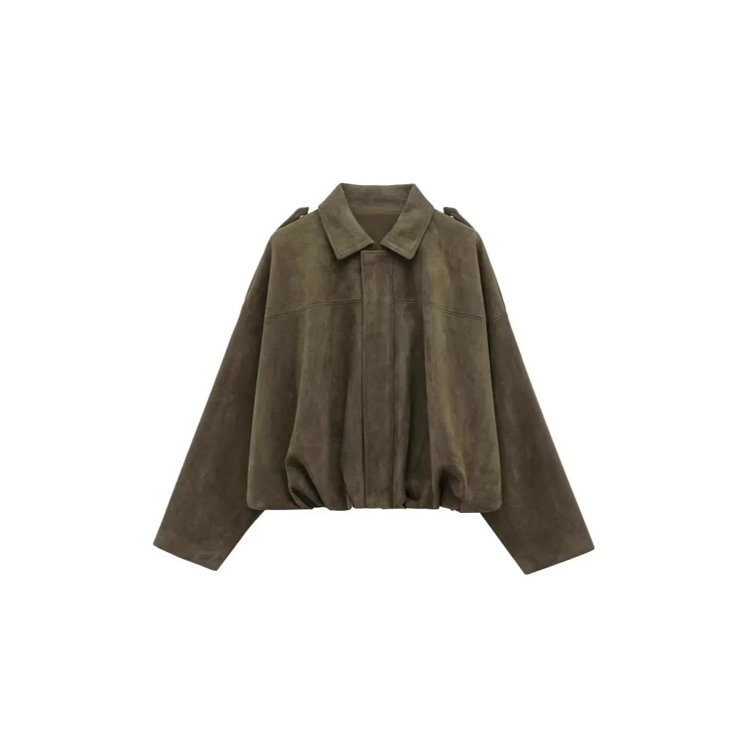 Unique Design Suede Jacket Women's Long Sleeve Waist Cinched Cuffed Flip Collar Pilot Style Fashionable Versatile Outerwear