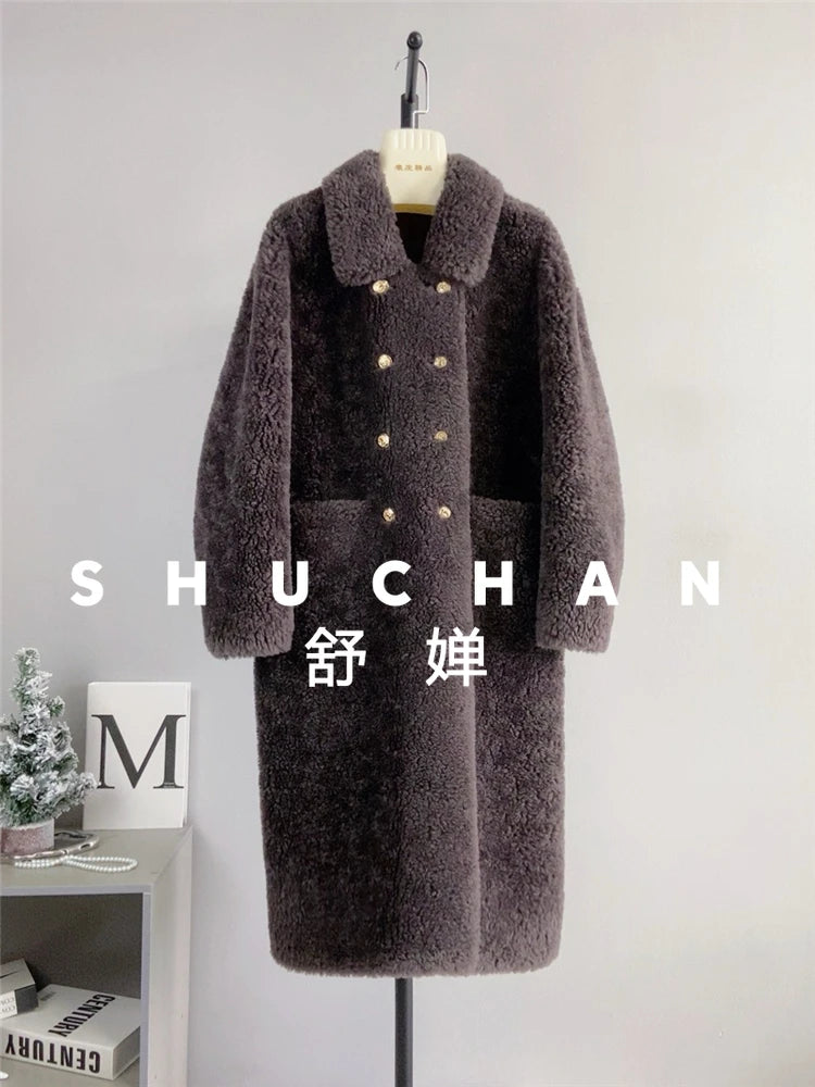 100% Wool Coat Women New Warm Sheep Shearing Long Solid Color Long Coat Lamb Wool casacos femininos inverno 2025