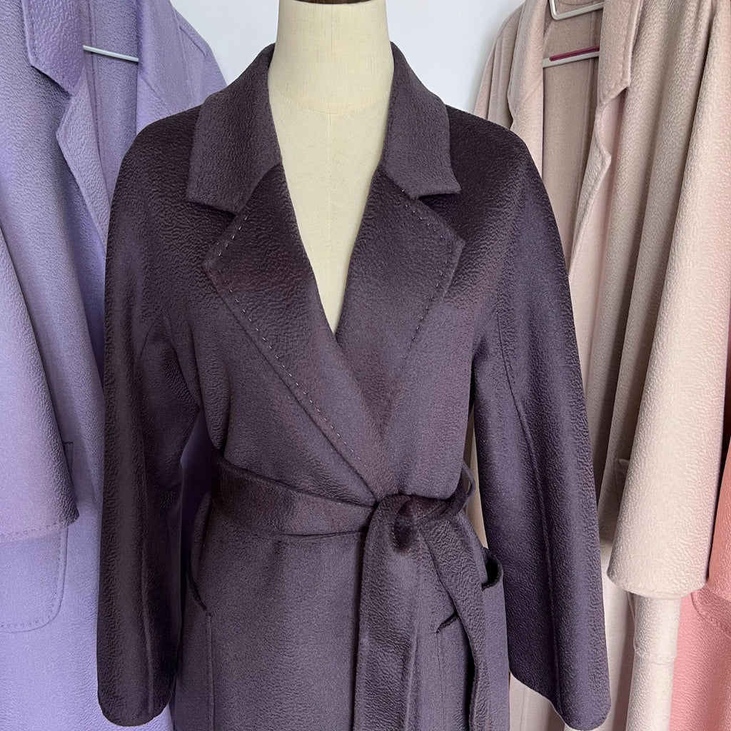 Cashmere Coat Female Winter Mid-Length Corrugated Coat Black Wool Coat Woman Autumn New Casual Fashion Red Beige Lace-Up Coat