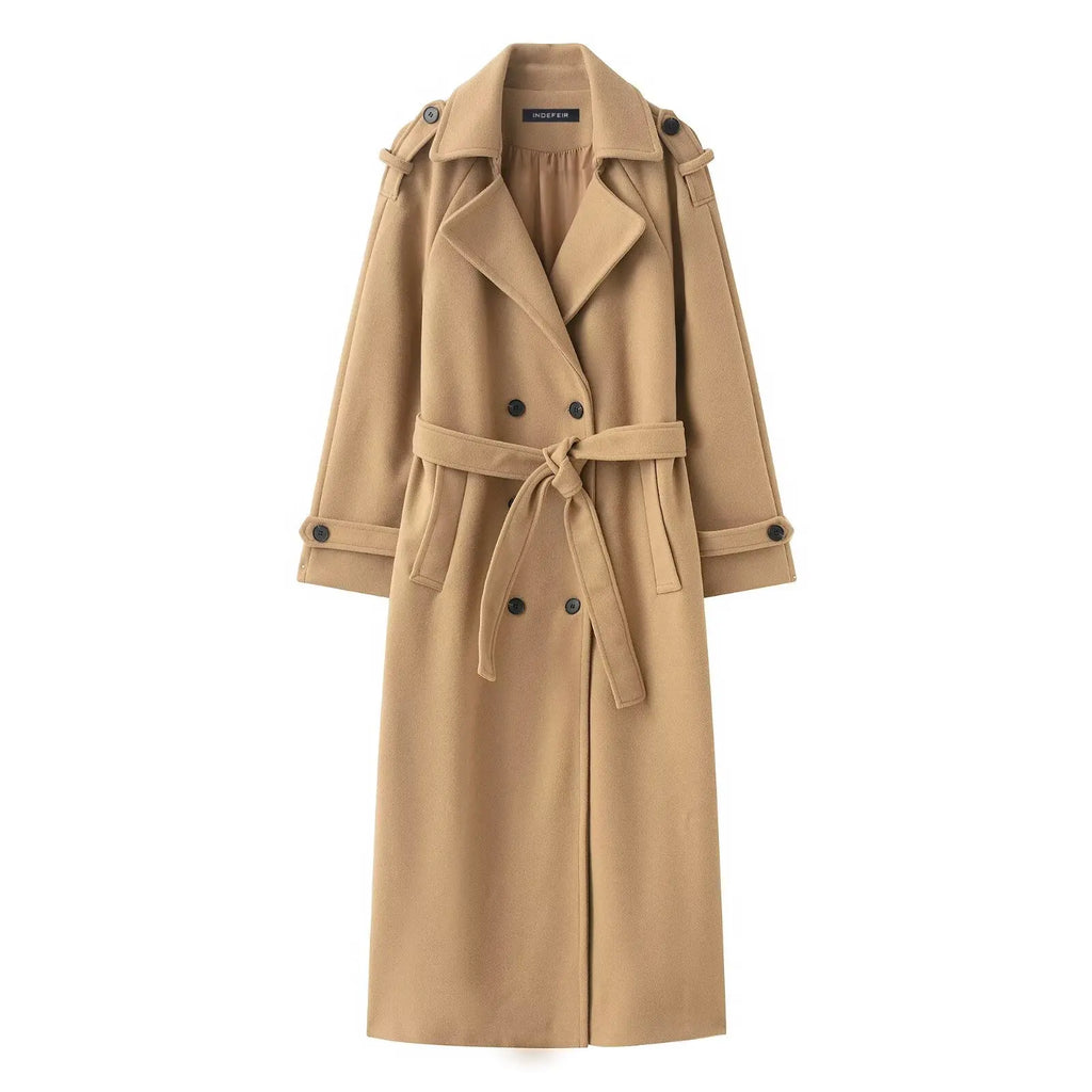 HH Winter Elegant Women Turn-Down Collar Long Coat Solid Long Sleeves Pocket Belt Double-Breasted Female Slim Windbreaker Coats