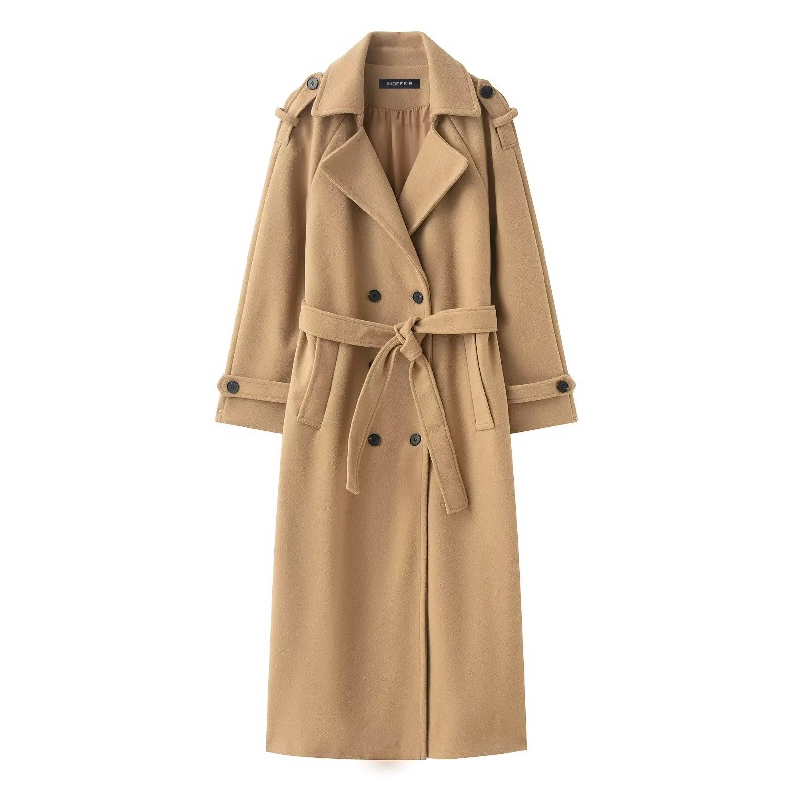 HH Winter Elegant Women Turn-Down Collar Long Coat Solid Long Sleeves Pocket Belt Double-Breasted Female Slim Windbreaker Coats