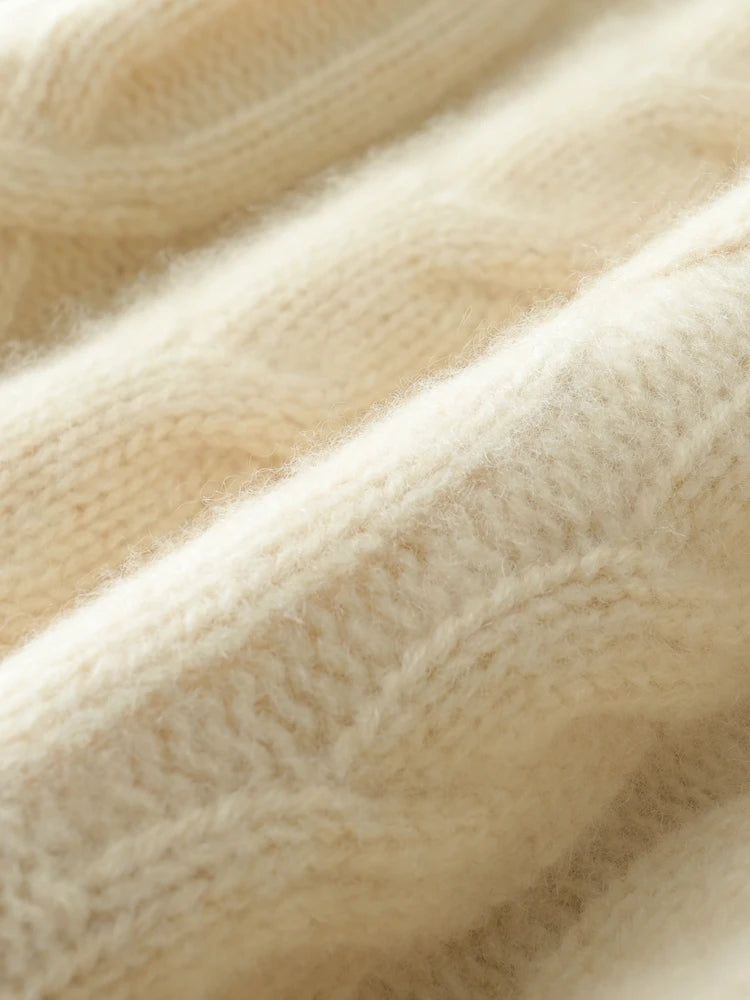 Women 100% Cashmere Sweater Mock Neck Pullover Cable Knitting Vintage Loose Style Thickened Cashmere Knitwear Autumn Winter Tops