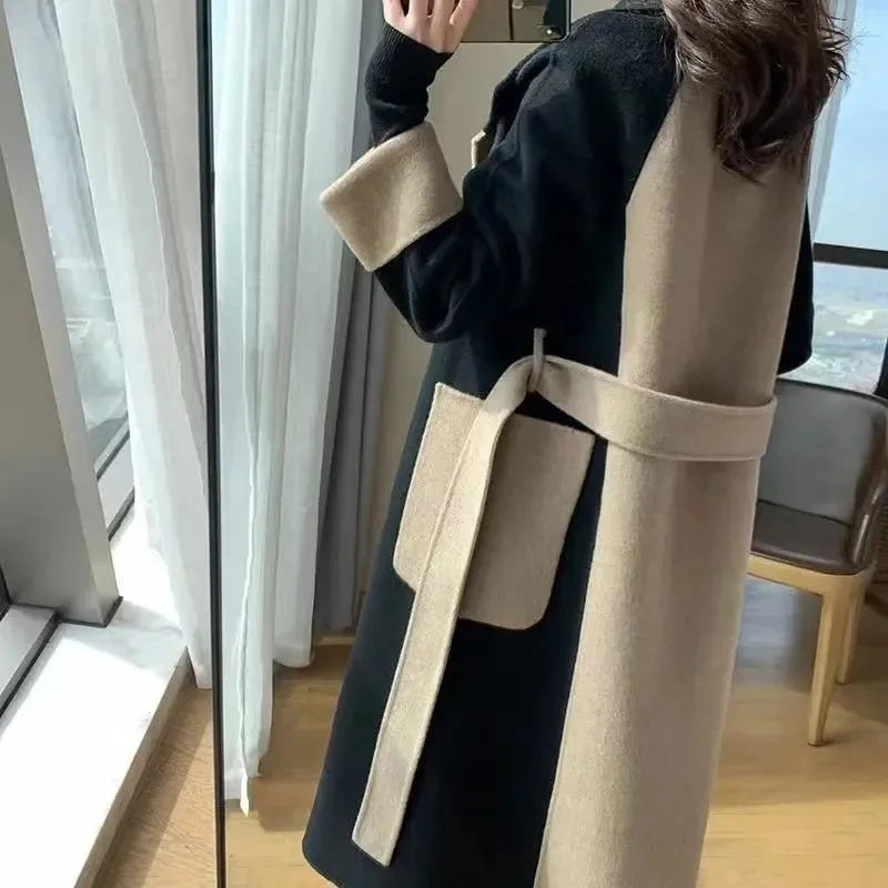 New Autumn Winter Women Coat Color Matching Turn-down Collar Double-breasted Mid Length Lady Coat Double-sided Female Overcoat