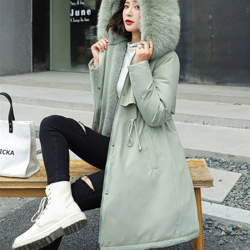 Winter Women Jacket Parkas Warm Casual Parka Clothes Long Soft Tops Hooded Parka Female Fur Lining Thick Pockets Fashion Coat
