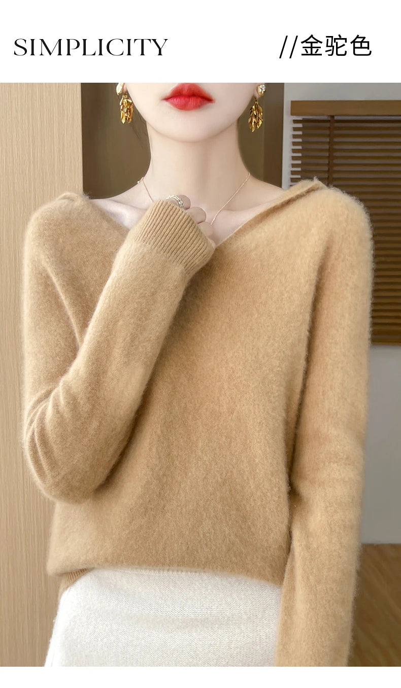 Women Autumn Winter Clothing Hooded Collar Pullover 100% Merino Wool Sweater New Fashion Cashmere Tops Bottoming Knitwear Soft