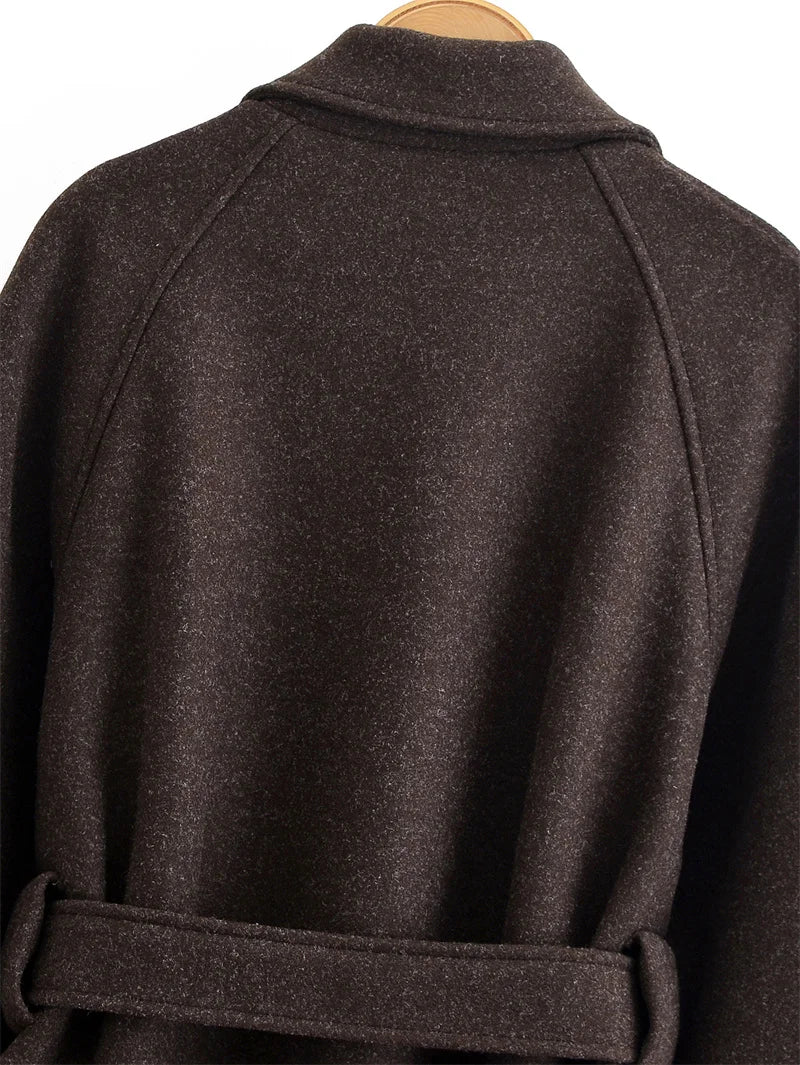 Women's Coat 2025 Winter New Style Dark Brown Long-Sleeve Belted Loose-Fit Long Woolen Coat Fashionable and Stylish
