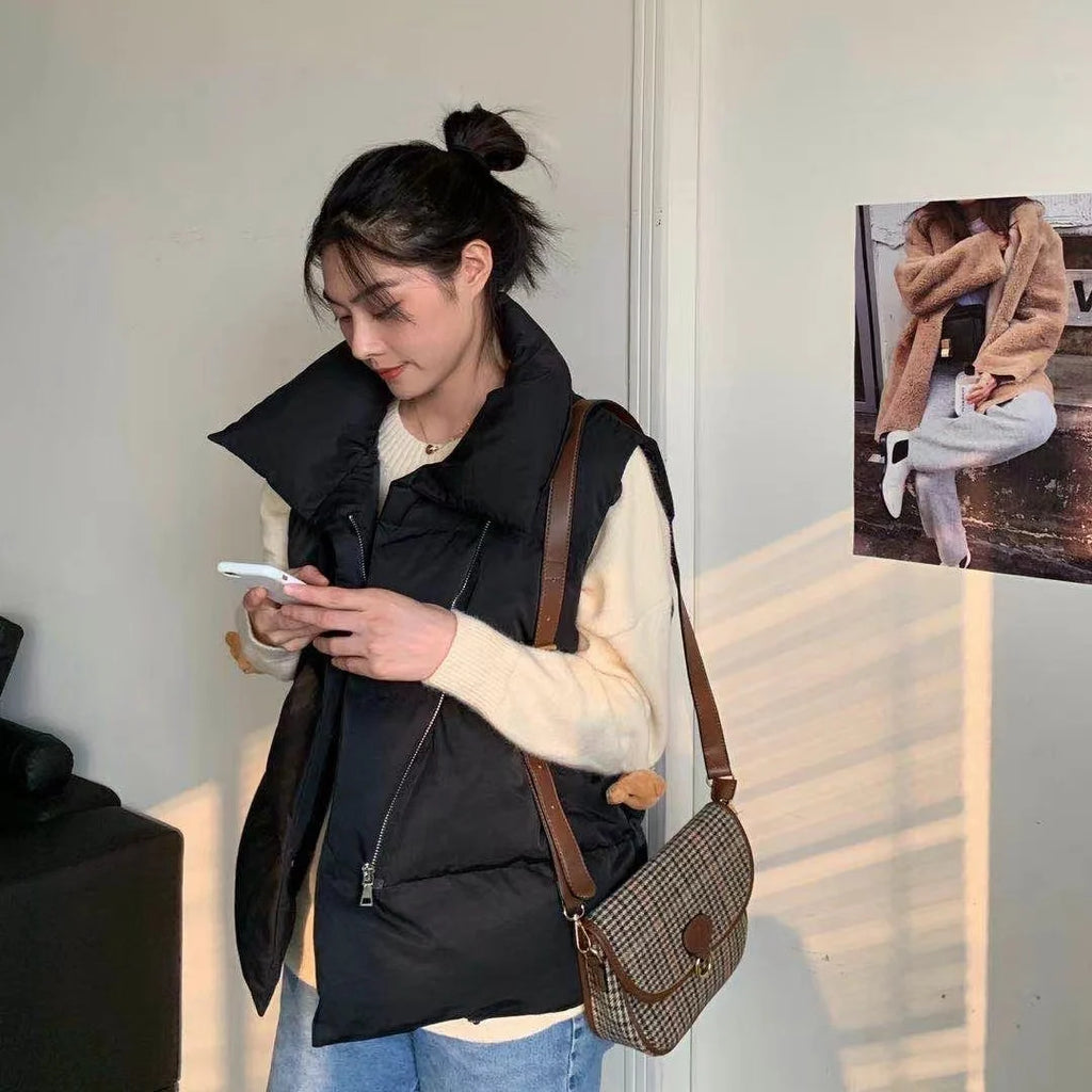 Women's Winter Short down Sleeveless Vest Warm Stand Collar Zipper Jacket Casual Fashion Quilted Cropped Coats Street Outerwear