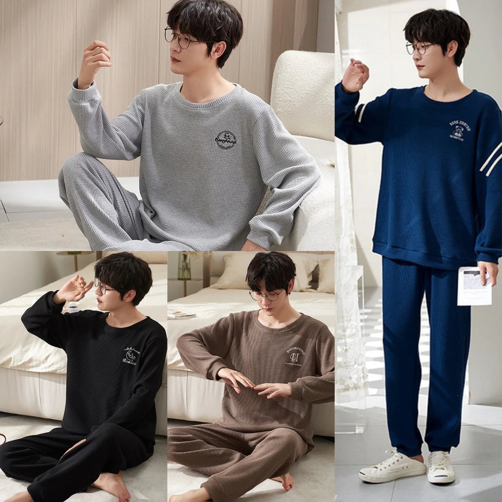 Men's Clothes Fall and Winter Pajamas Cotton Waffle Fashion Solid Color Comfortable Elastic Loungewear Homewear Youth Sleepwear