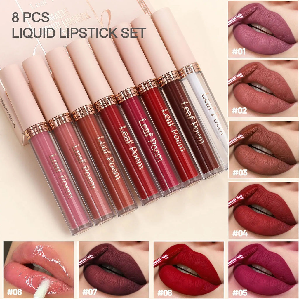 8 pcs matte liquid lipstick, lip glaze - waterproof, non-stick, long-lasting lip gloss, brown, pink, purple and red tones, suitable for Valentine's Day, daily, parties, travel