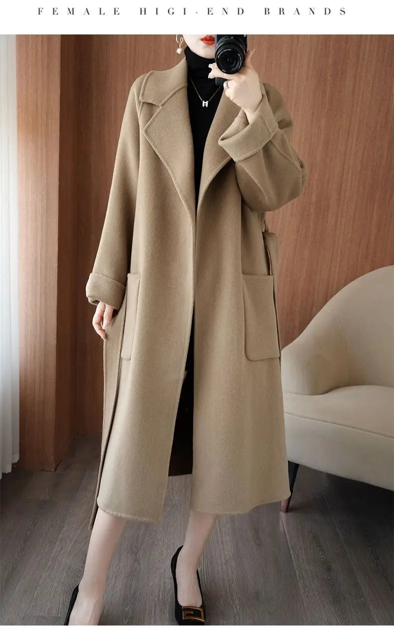 2024 Women's Wear 100% Wool Coat Autumn/Winter Fashion Temperament Double sided Cashmere Coats with Belt Elegant Long Overcoat