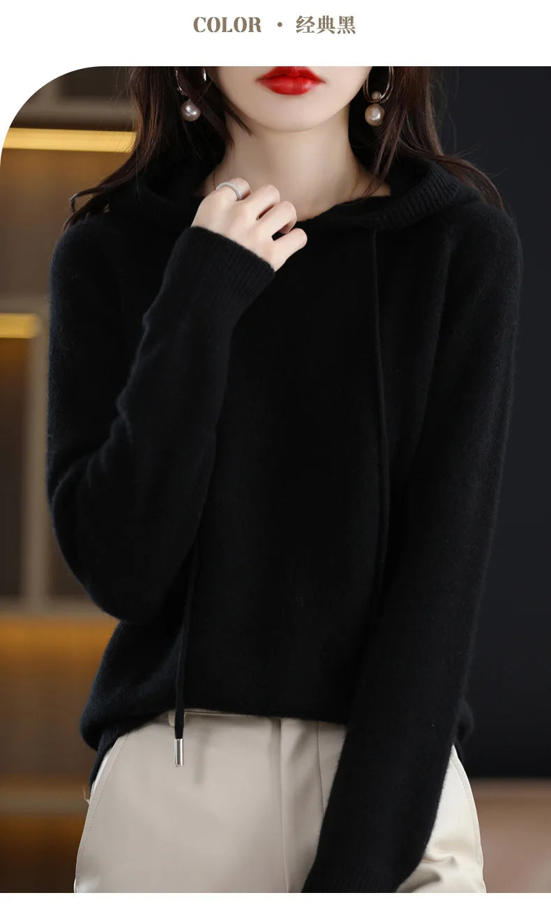 Cashmere Hooded Sweater Women Autumn Winter Long Sleeve Solid Color Knitted Hoodies Lady Loose Drawstring Casual Pullover Hoodie
