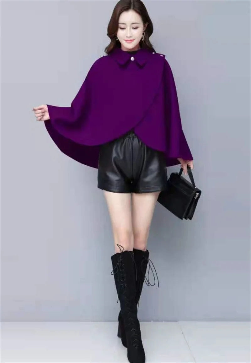 Fashion Woolen Shawl Coat For Women 2025 Autumn Winter New Woolen Jacket Short Outerwear Cape Red Black Coat Tops Female