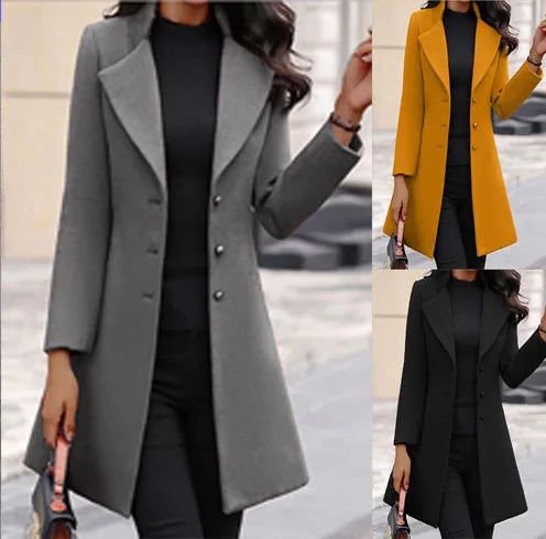 Wool Coat Jacket Women Woolen Outerwear Single Breasted Turn Down Collar Slim Mid Length Overcoat Office Lady Autumn Winter 2025
