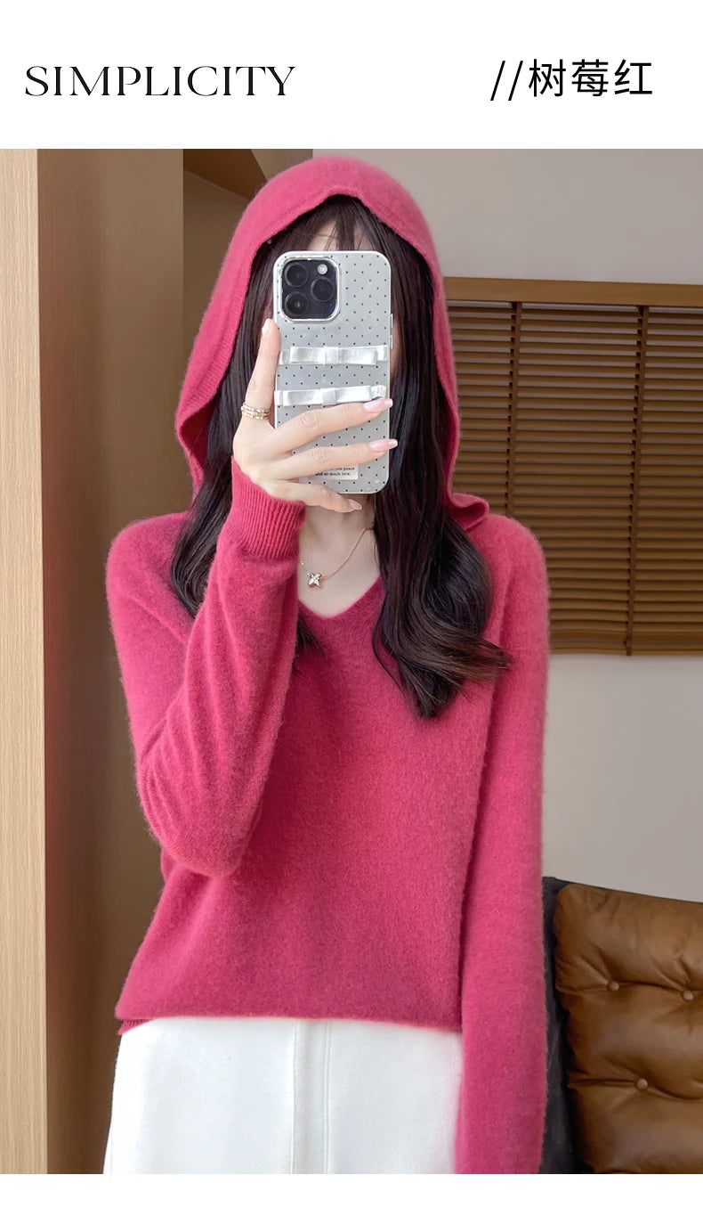 Women Autumn Winter Clothing Hooded Collar Pullover 100% Merino Wool Sweater New Fashion Cashmere Tops Bottoming Knitwear Soft