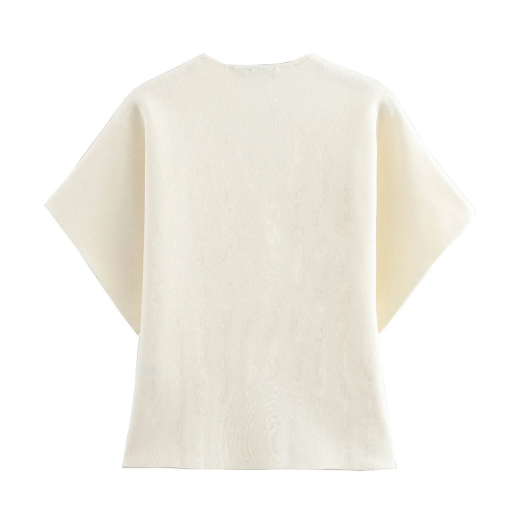 2024 New Autum Women's European and American Style Fashionable Flat-Needle Short-Sleeved V-Neck Knitted Jacket Street Style Top