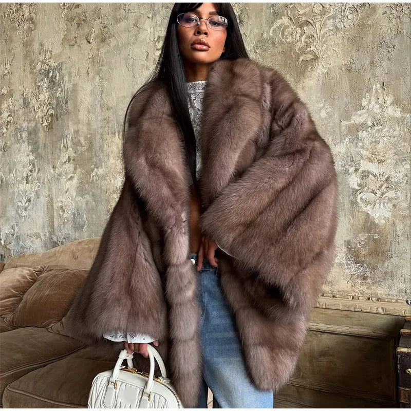 Fashion Medium-length Fur Coat Women Elegant Solid Lapel Hidden Button Loose Coats Lady 2025 Winter New Commute Office Outerwear