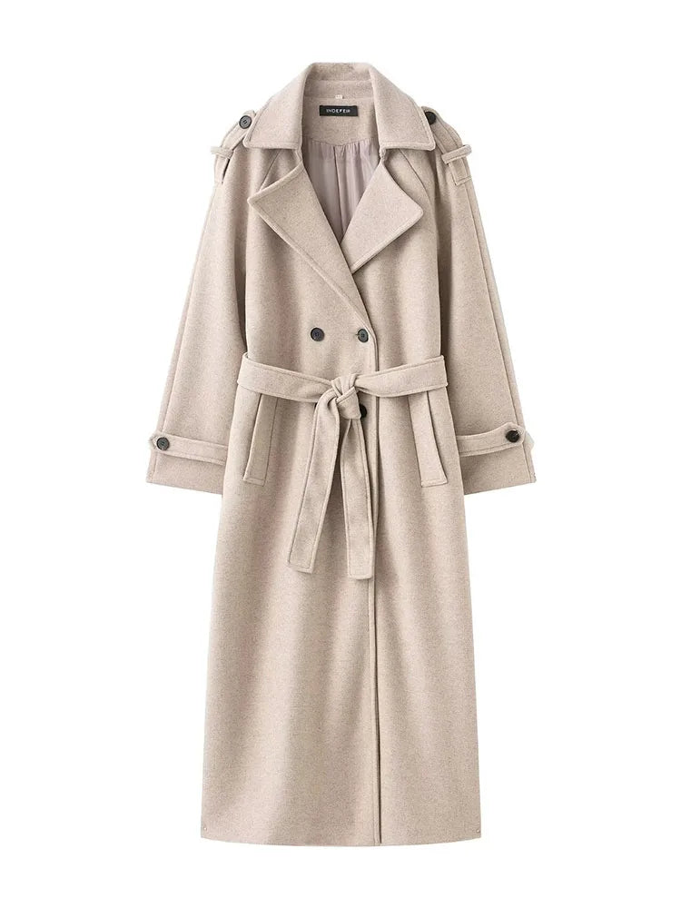 HH Winter Elegant Women Turn-Down Collar Long Coat Solid Long Sleeves Pocket Belt Double-Breasted Female Slim Windbreaker Coats