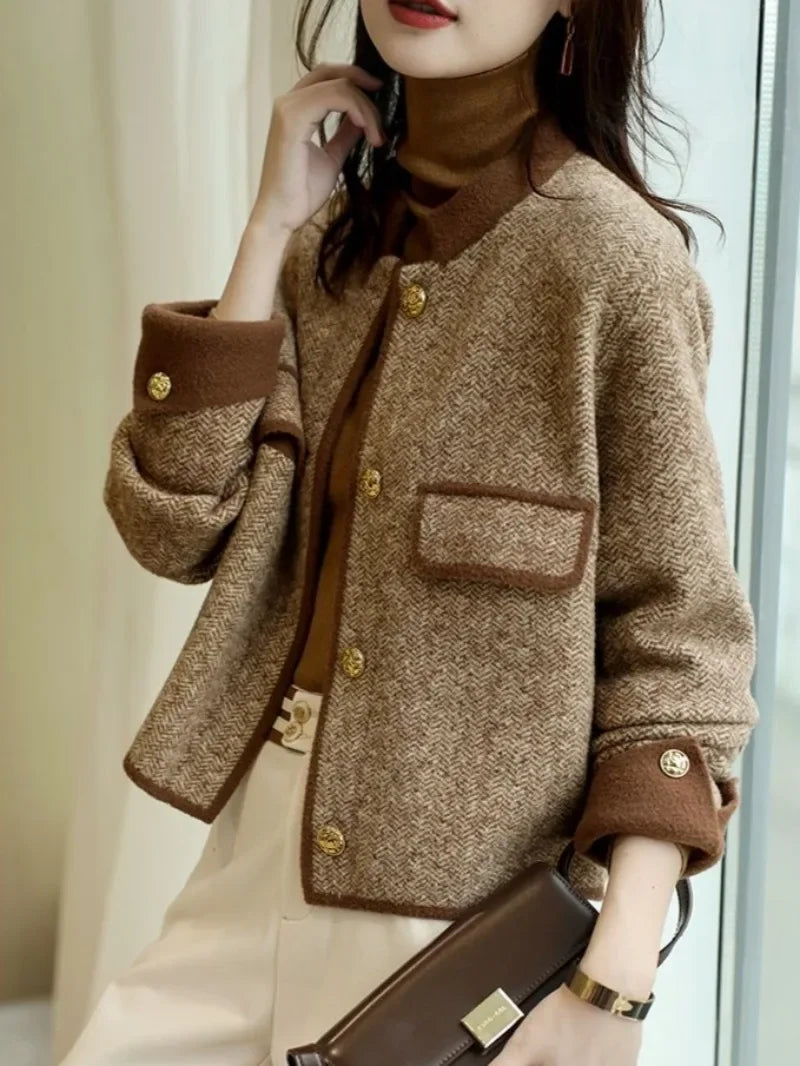 Knitting Wool Blend Coat for Women New In Round Neck Mixtures Jacket Woman Fashion 2025 High Quality Medium Elegant Hot Autumn