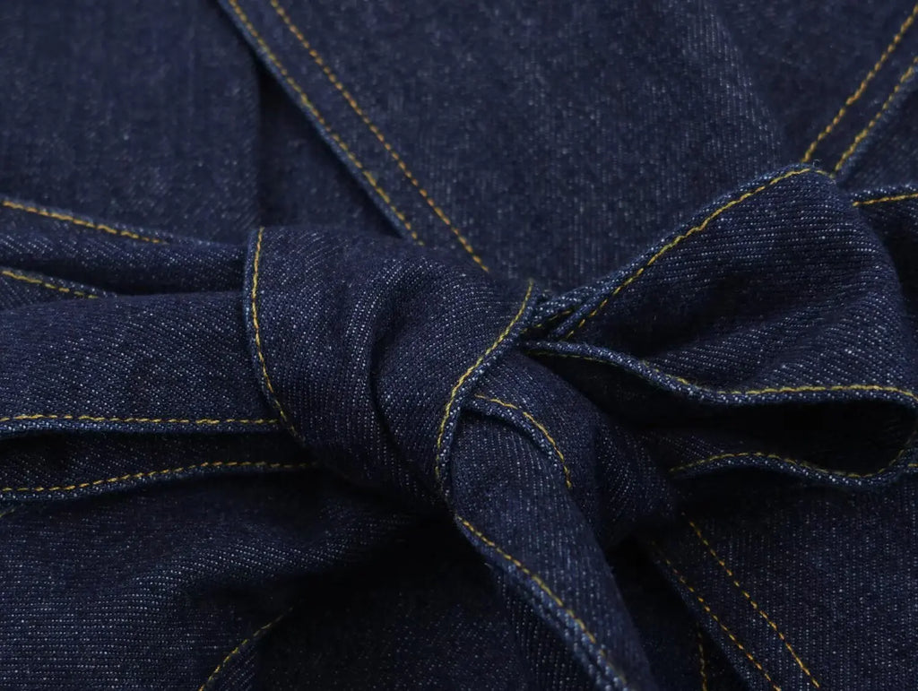 2025 New Women's Fashion Cinched Waist Denim Short Trench Coat Navy Blue Stand Collar Long Sleeve Elegant Ladies' Fashion Appare