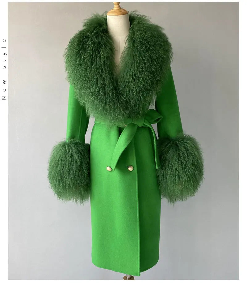 Women Cashmere Wool Coat With Real Mongolian Sheep Fur Collar  Ladies Autumn Winter Fashion Long Outwear Full Sleeve Fur Jacket