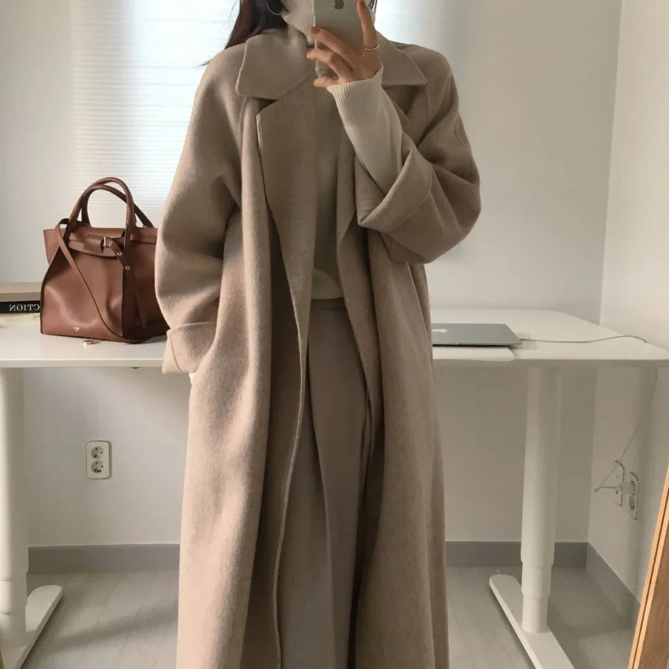 Elegant Woolen Coat Women's 2025 Autumn Winter Mid Length Adjustable Waist Thick Casual Long Sleeve Fashion Wool Coats Female