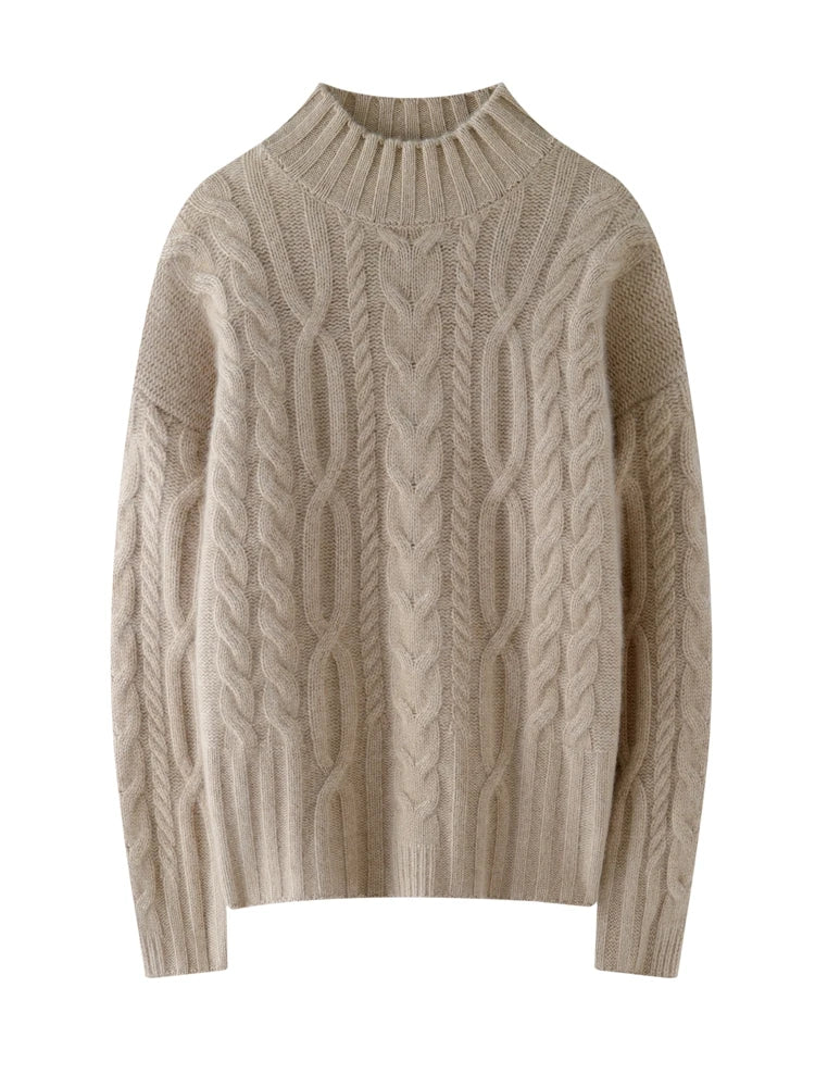 Women 100% Cashmere Sweater Mock Neck Pullover Cable Knitting Vintage Loose Style Thickened Cashmere Knitwear Autumn Winter Tops