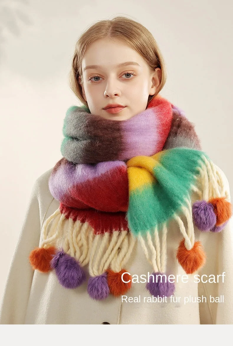 Women Winter Scarf Imitation Cashmere Colorful Knitted Scarves with Rabbit Fur Ball Tassels Warm Stripe Patchwork Colors Shawls