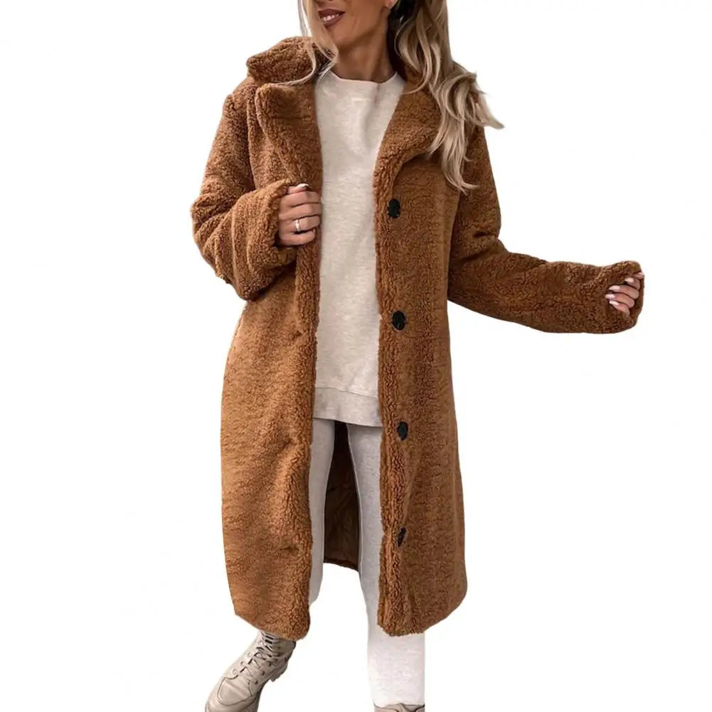 Trendy Women Overcoat Autumn Winter Women Trench Coat Long Style Pure Color Single-breasted Teddy Jacket  Windproof
