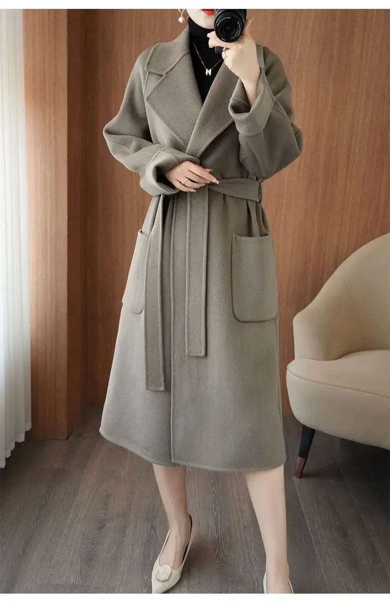 100% Wool Coat Women's Wear 2025 Autumn/Winter Fashion Temperament Double sided Cashmere Coats with Belt Elegant Long Overcoat
