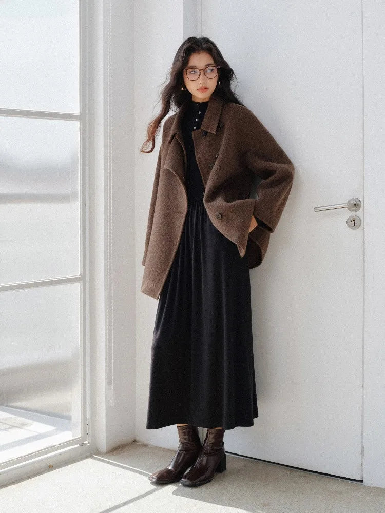 Women Elegant Wool-Like Winter Short Coat Brown Belted Jacket Warm Casual Outerwear for Lady with High Neck and Waist Tie Design