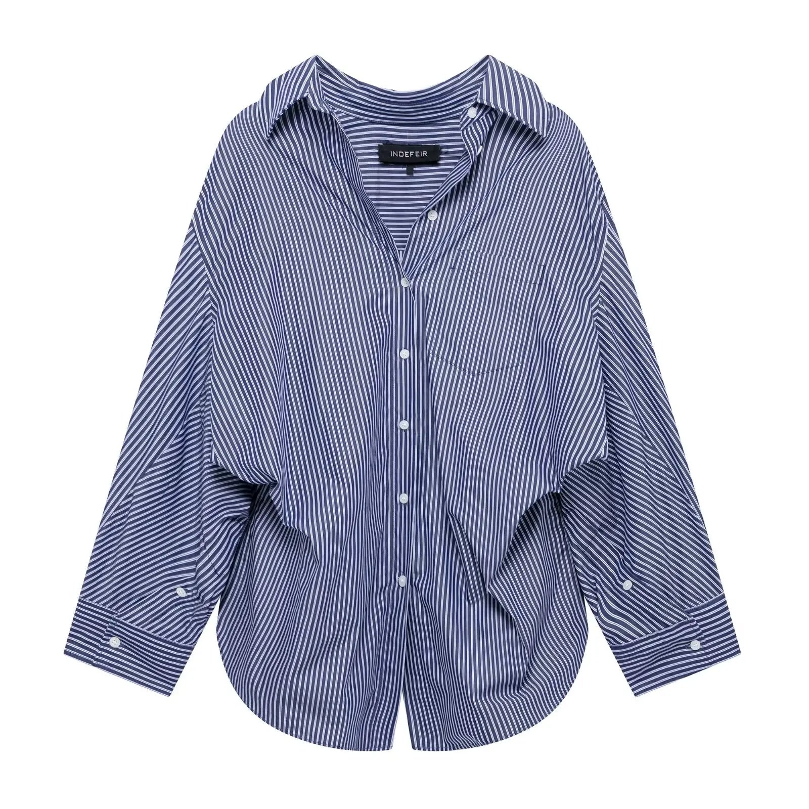 HH Women Elegant Commuter Shirt Splicing Loose Striped Single-breasted Lapel Blouse Female Spring Casual Long-sleeved Top