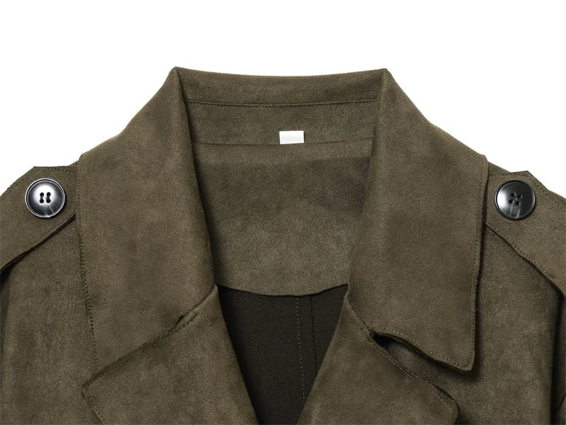 Women's Trench Coat 2025 Autumn New Style Military Green Long Sleeve Suede Effect with Belted Decoration Long Coat Stylish