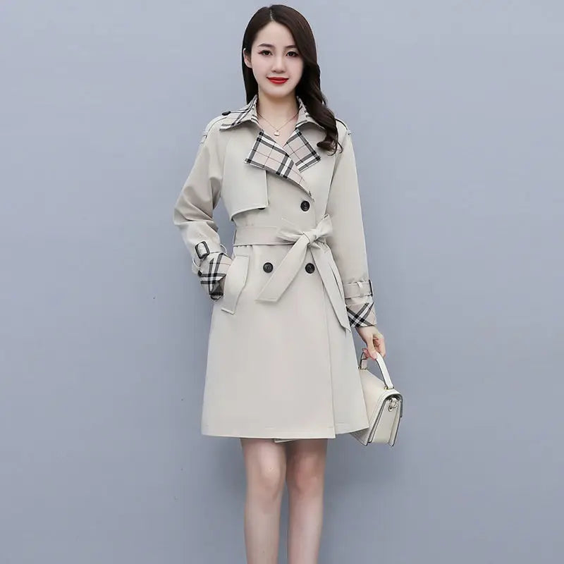 Women Trench Coat 2024 Spring New Style Lapel Collar Khaki Double Breasted Button Office Lady Windbreaker Coat