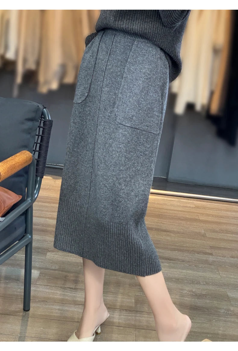 Women's Knitted Cashmere Skirt Double Pocket 100% Pure Wool Commuter Joker Straight Skirt for Autumn Winter New
