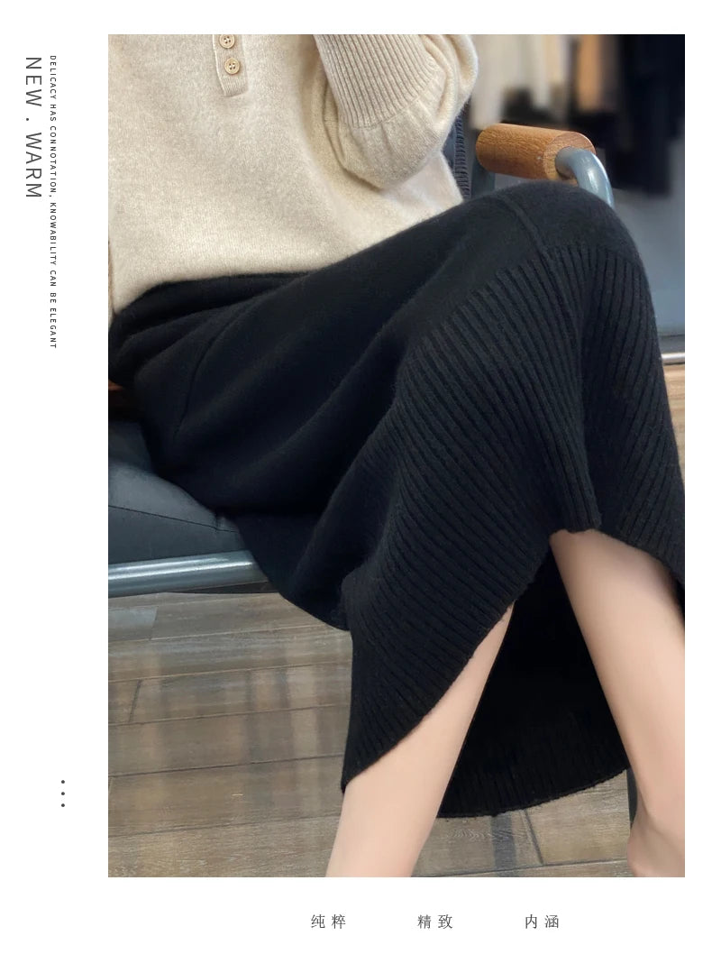 Women's Knitted Cashmere Skirt Double Pocket 100% Pure Wool Commuter Joker Straight Skirt for Autumn Winter New