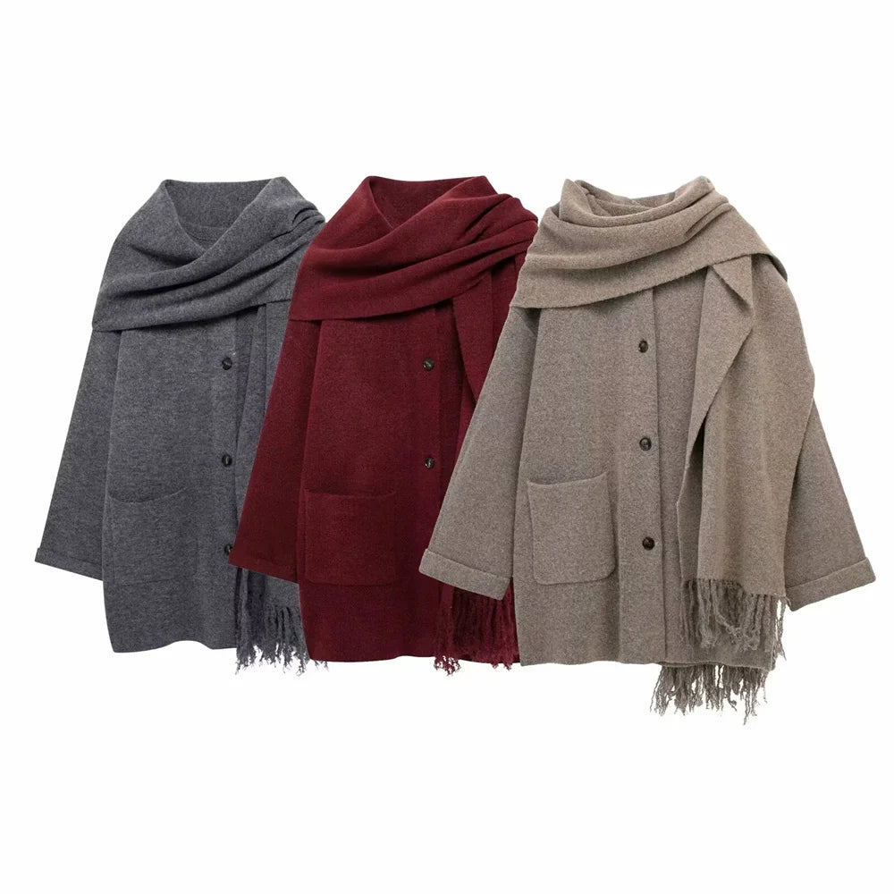 Women's Wear Scarf Loose Versatile Knitted Coat Autumn/Winter New Round Neck Long Sleeve Solid Color Coat