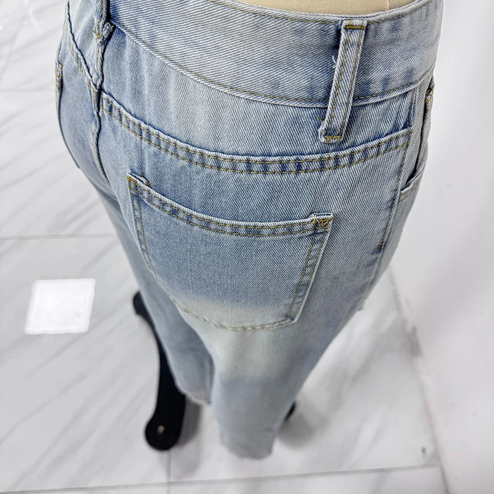 New Women's Slim Jeans Fashion Casual Ripped Denim Pants Spring Autumn Office Lady Work Trousers High-waisted Straight Jeans