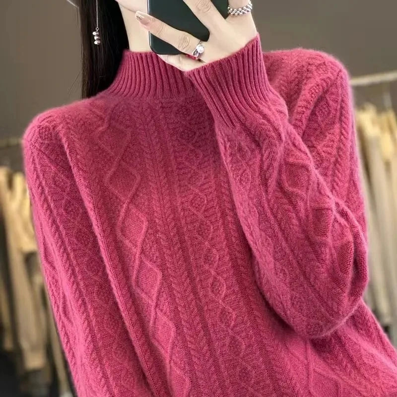 2024 New Women Autumn Winter Sweater Thick 100% Merino Wool Turtleneck Casual Cashmere Knitwaer Pullover Korean Fashion Tops