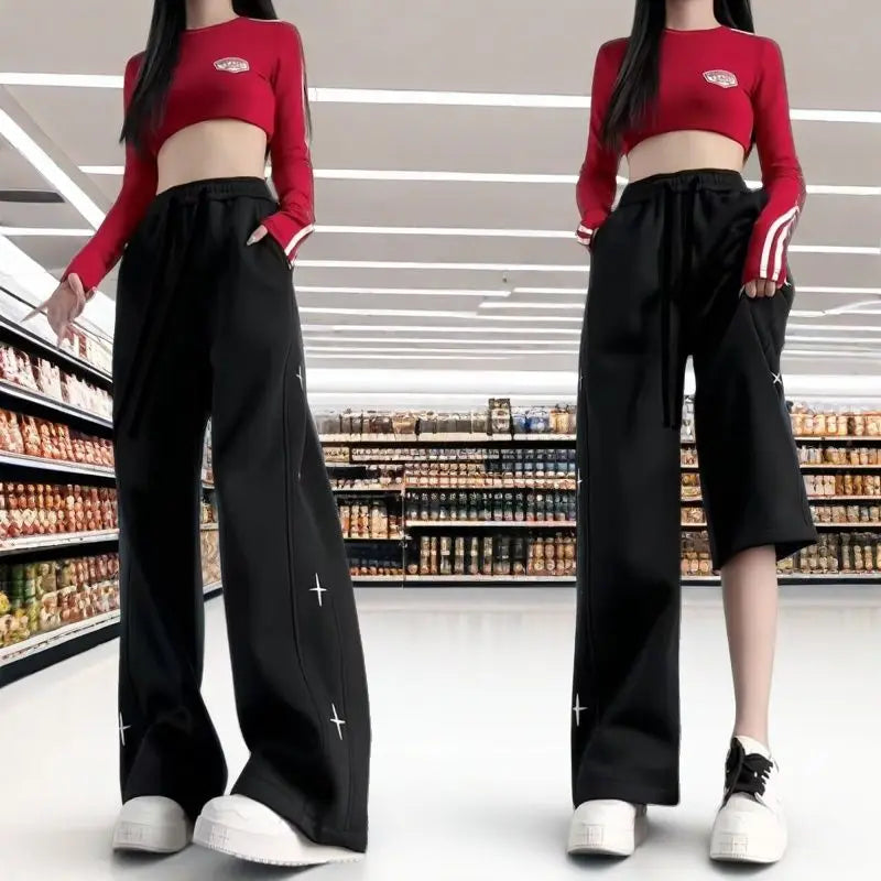 Wide-leg Trousers for Women Spring Summer Loose Thin Style Trendy for Students Petite Casual Sportswear, Straight-leg Pants