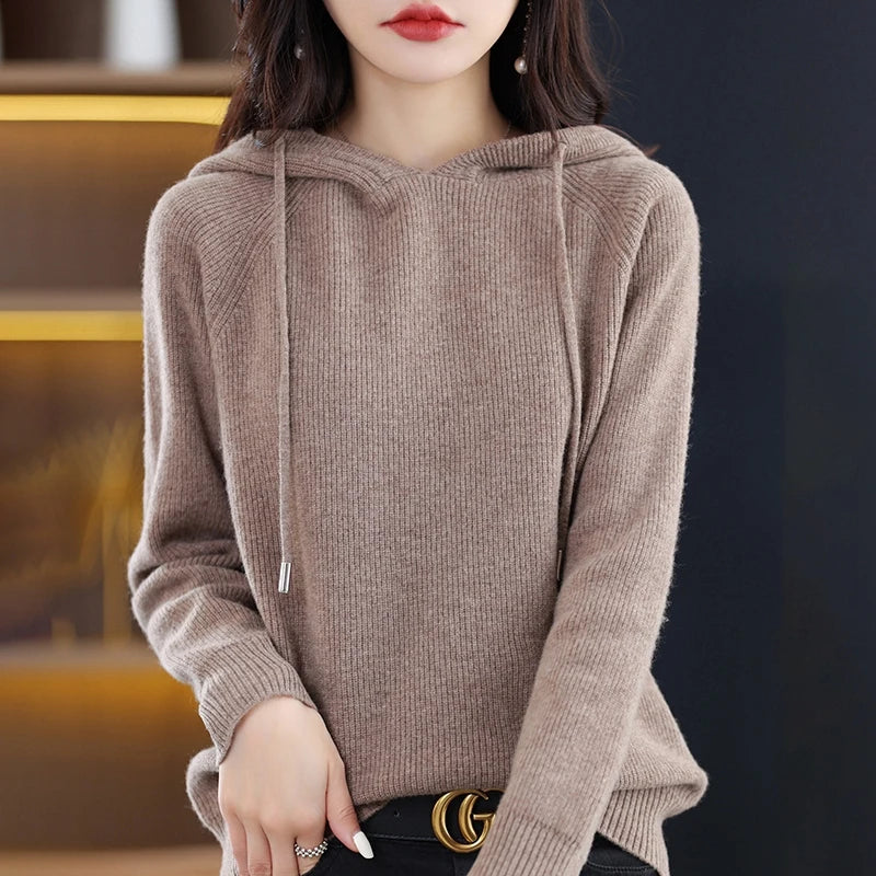 2023 New Cashmere hooded sweater Women Long Sleeve Autumn and Winter Knit hooded Pullover Solid Color Cashmere Base