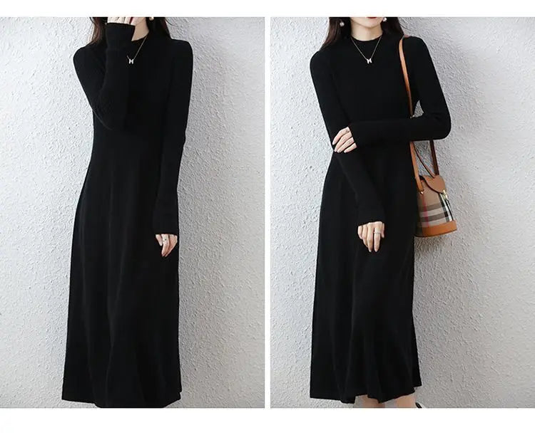 Wool Dress Long Cashmere Waist Over Knee Knit Sweater Skirt Elegant and Fashionable Women's Clothing in Autumn and Winter