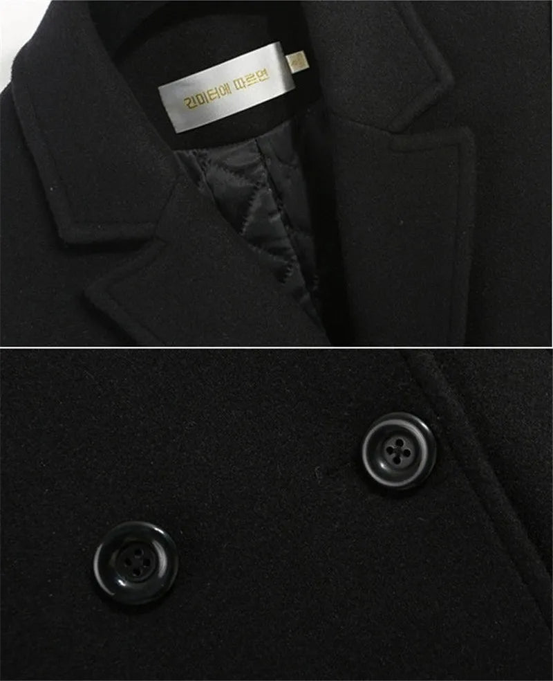 Women's Classic Black Woolen Coat Female Mid-Length Jacket New Korean Version Thicken Woolen Blend Overcoat Autumn Winter