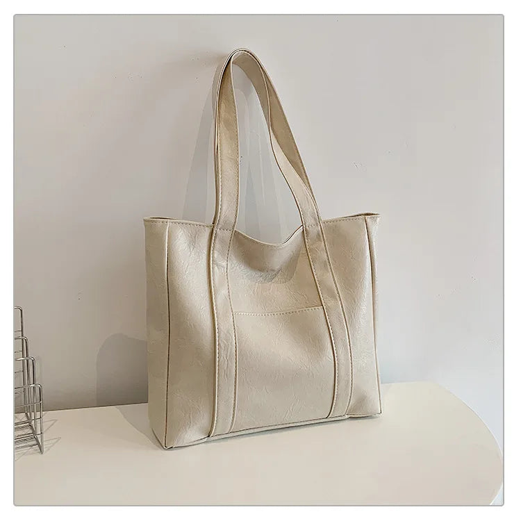 Simple Large Capacity Tote Bags for Women Retro Pu Leather Ladies Shoulder Bag Commuter Portable Girls Student Underarm Handbag