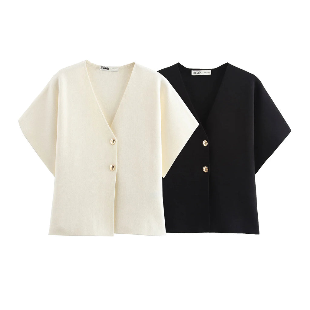 2024 New Autum Women's European and American Style Fashionable Flat-Needle Short-Sleeved V-Neck Knitted Jacket Street Style Top