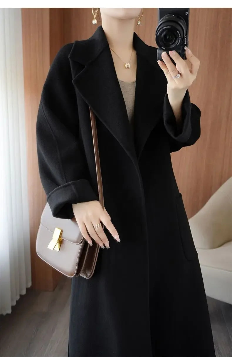 100% Wool Coat Women's Wear 2025 Autumn/Winter Fashion Temperament Double sided Cashmere Coats with Belt Elegant Long Overcoat