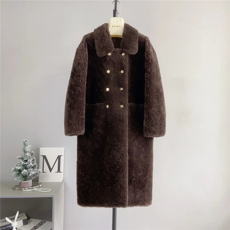 100% Wool Coat Women New Warm Sheep Shearing Long Solid Color Long Coat Lamb Wool casacos femininos inverno 2025