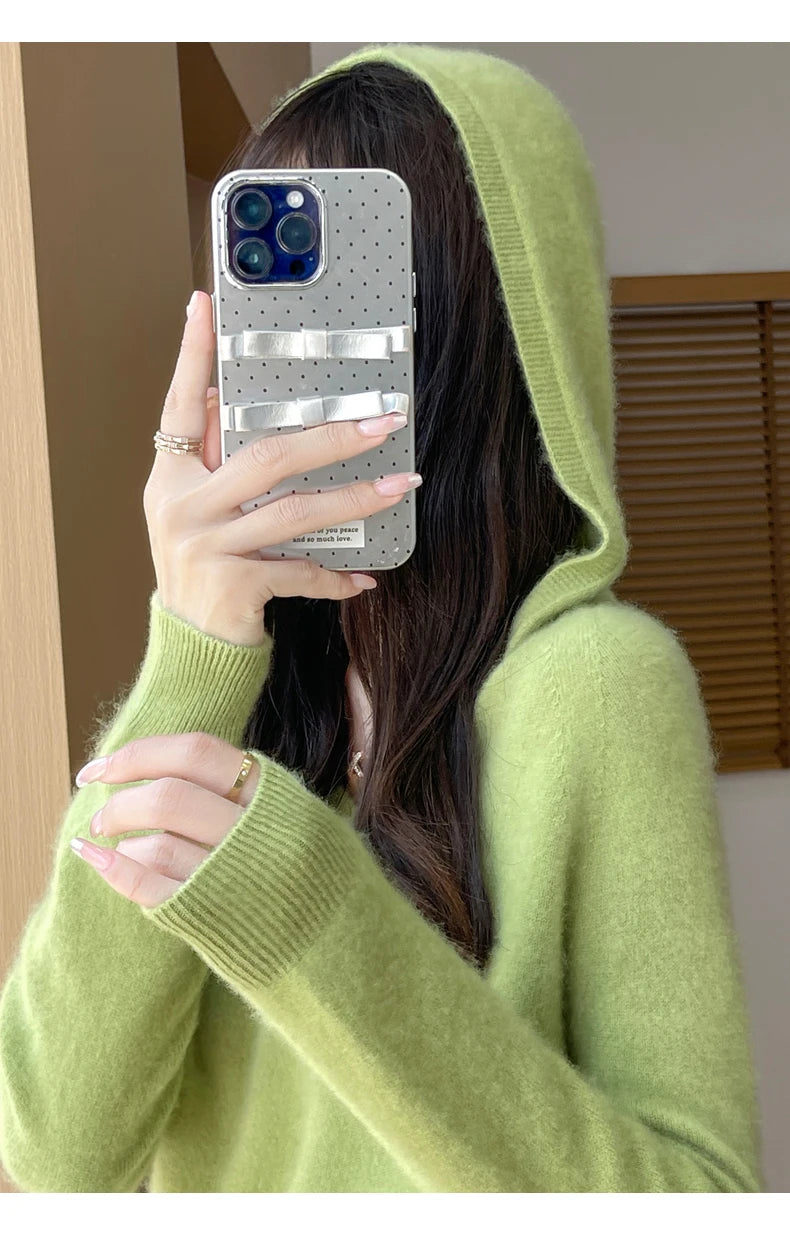 Women Autumn Winter Clothing Hooded Collar Pullover 100% Merino Wool Sweater New Fashion Cashmere Tops Bottoming Knitwear Soft