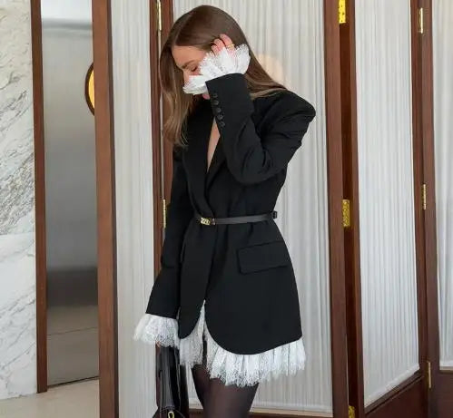 Women's Coat 2025 Autumn New V-Neck Lace Lace Queen Style Black Temperament Small Suit Coat Gorgeous Retro Elegant Coat