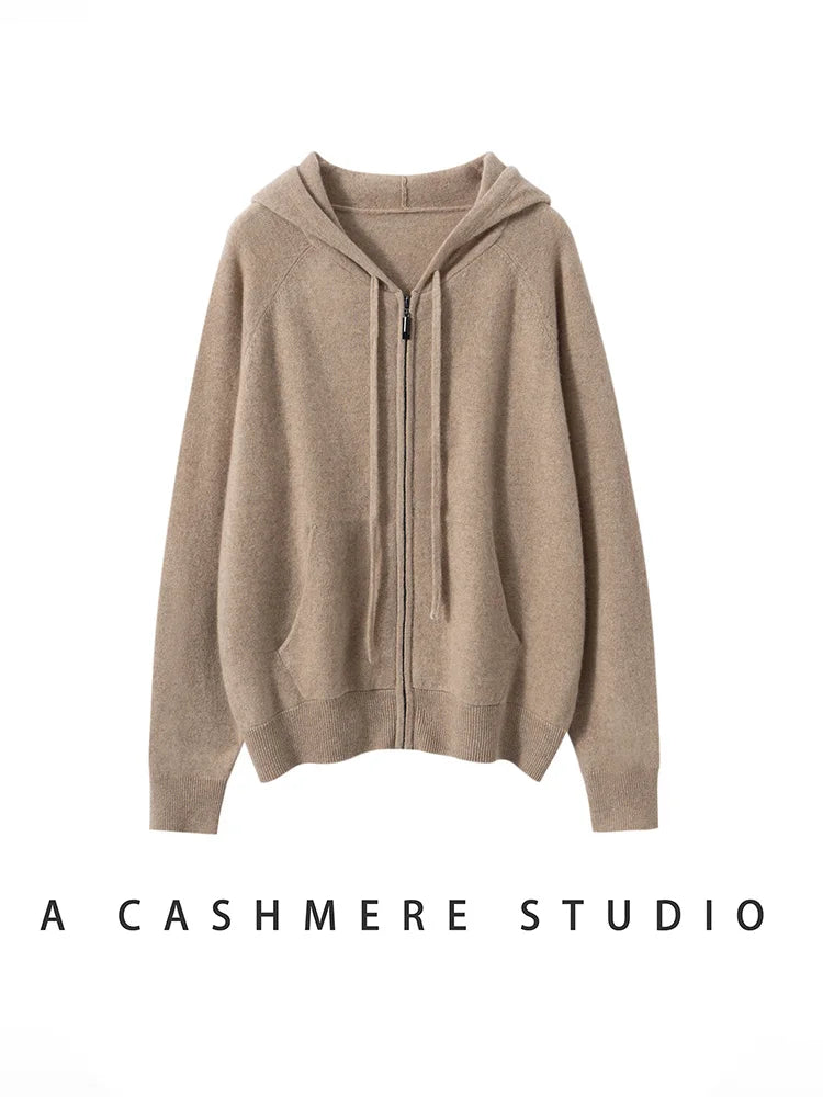 New Women 100% Cashmere Sweater Hooded Zipper Cardigan Cashmere  Autumn Winter Soft Long Sleeve Casual Simple Style Clothing Top