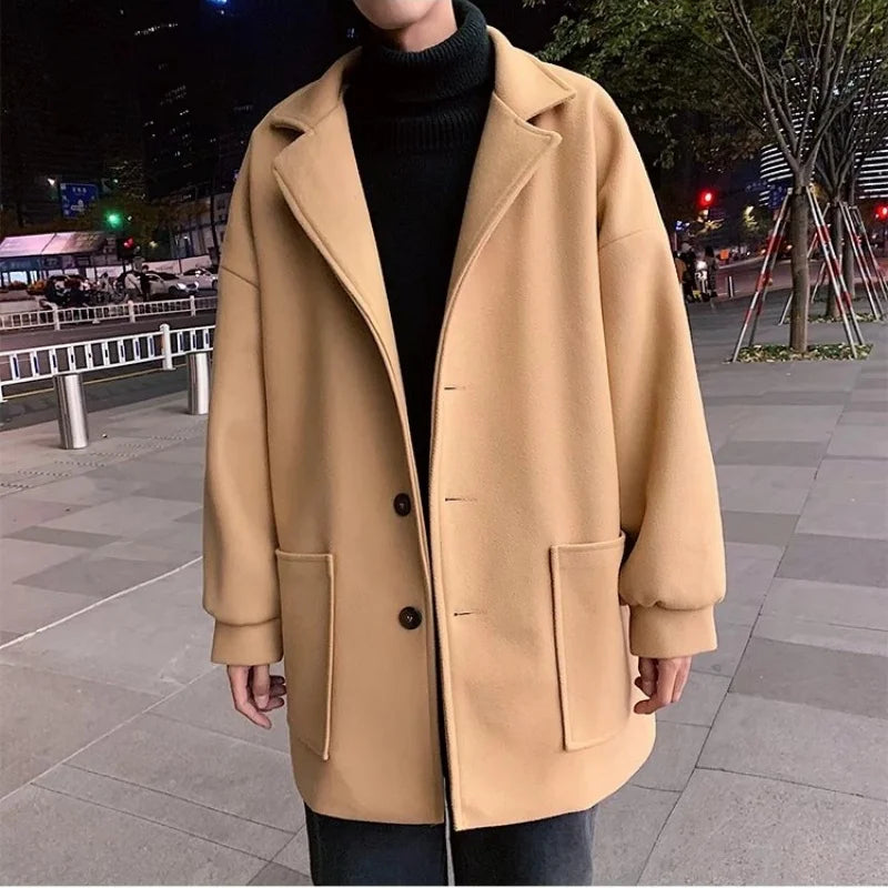 Woolen coat men's autumn and winter lamb wool thick solid color versatile suit collar jacket trendy couple mid length windbreake